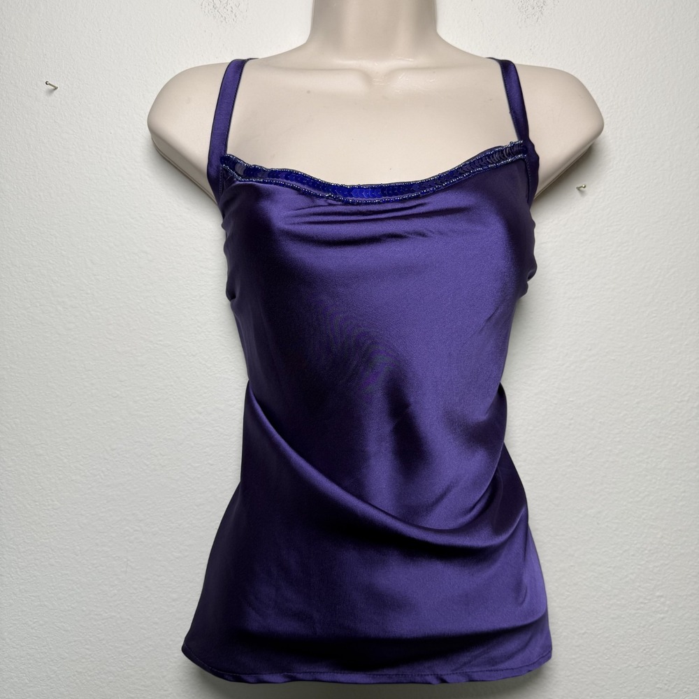 VTG y2k Women Satin Cowl Whimsigoth Cami Top XL Purple Sequins Indie Fairy